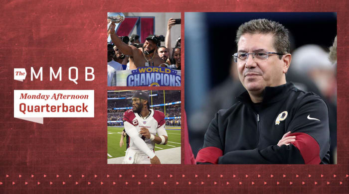 Washington Redskins owner Daniel Snyder before the game against the Dallas Cowboys at AT&T Stadium; Kyler Murray warming up before a game; Los Angeles Rams defensive end Aaron Donald holds the Vince Lombardi trophy during the Super Bowl LVI championship rally at the Los Angeles Memorial Coliseum.